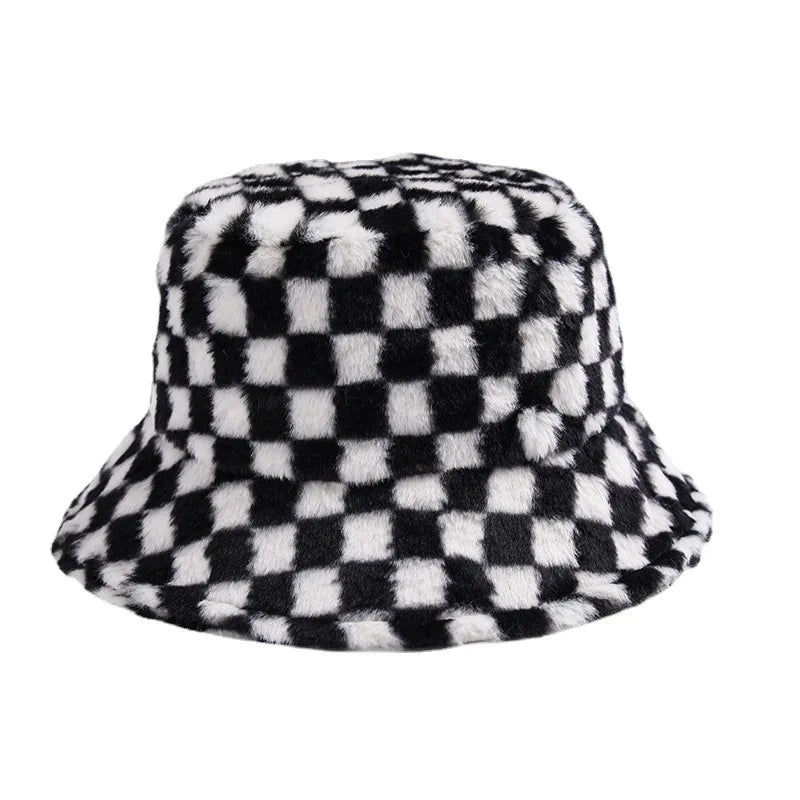 Ins Checkerboard Hat Women's Korean Version Plush Pink Bucket Hat