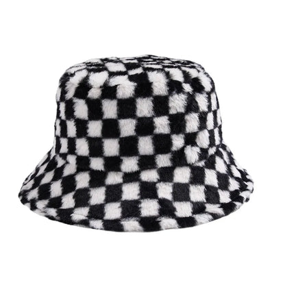 Ins Checkerboard Hat Women's Korean Version Plush Pink Bucket Hat