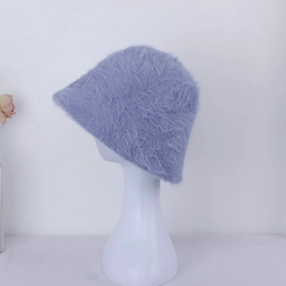New Hat Winter Women's Fashion Solid Color Rabbit Fur Hat Bucket Cap
