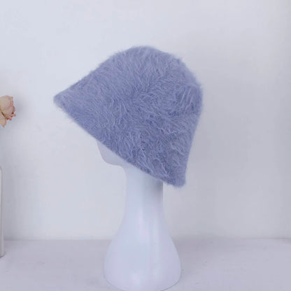 New Hat Winter Women's Fashion Solid Color Rabbit Fur Hat Bucket Cap