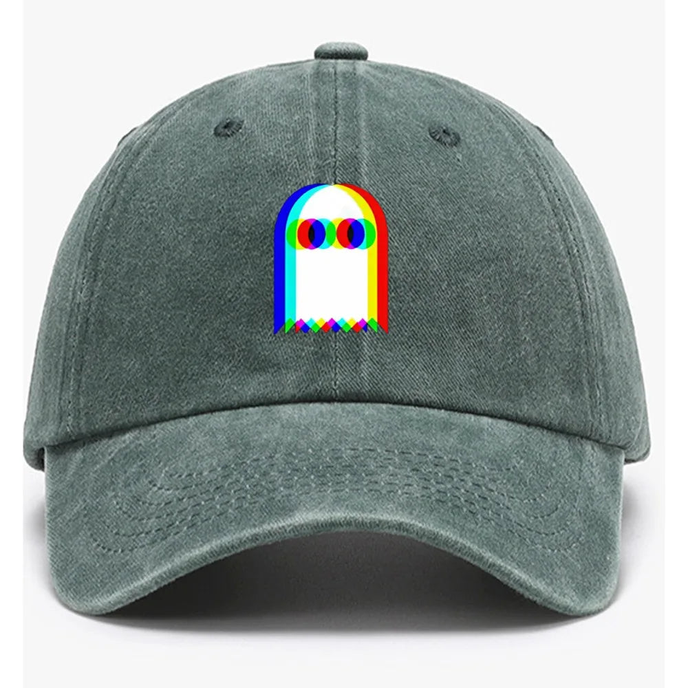 Retro Rainbow Ghost Print Washed Baseball Cap
