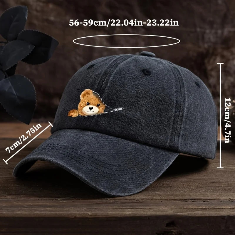 Zippered Bear Print Baseball Cap