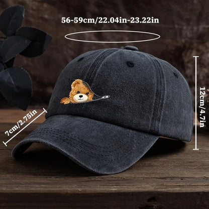 Zippered Bear Print Baseball Cap