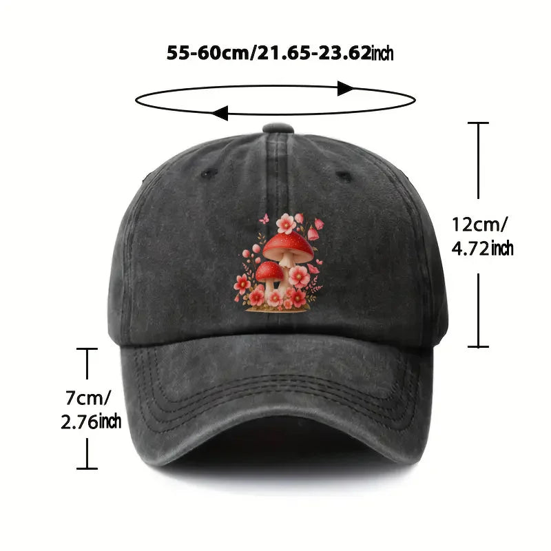 Baseball Cap with Mushroom and Flower Print