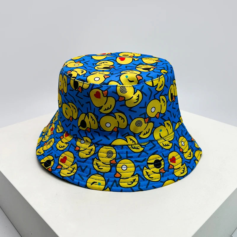 Print Yellow Duck Bucket Hats Sunshade Double Sided Wearable New Unisex Fashion