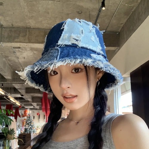 Fashion Niche Japanese Raw Edge Splicing Patch Denim Bucket Hat