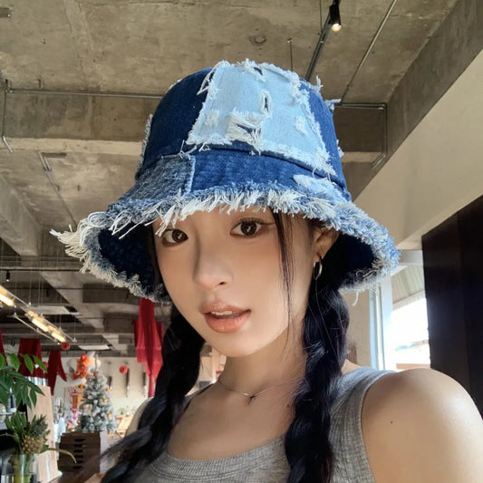 Fashion Niche Japanese Raw Edge Splicing Patch Denim Bucket Hat