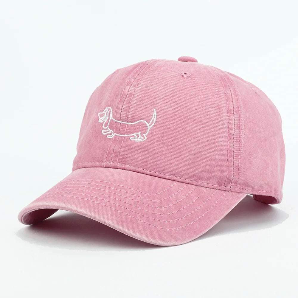 Dog Patterned Embroidered Baseball Cap Men Women Vintage Washed Cotton