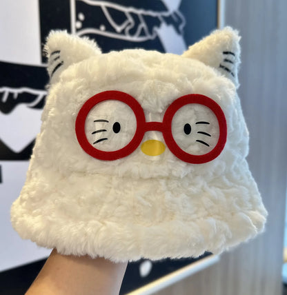 Cute Glasses Cartoon Plush Fisherman Hat Autumn Winter Warm Windproof Bucket Hats