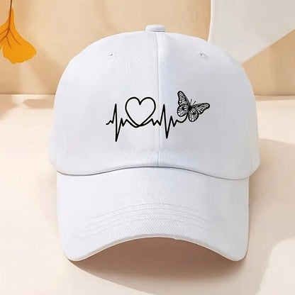 A Minimalist Baseball Cap With White Butterfly Heartbeat Print Design