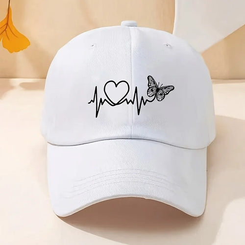 A Minimalist Baseball Cap With White Butterfly Heartbeat Print Design