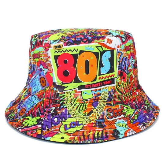 Bucket Hat 80s Printing Double Sided Flat Top Bob Panama Caps For Men Women