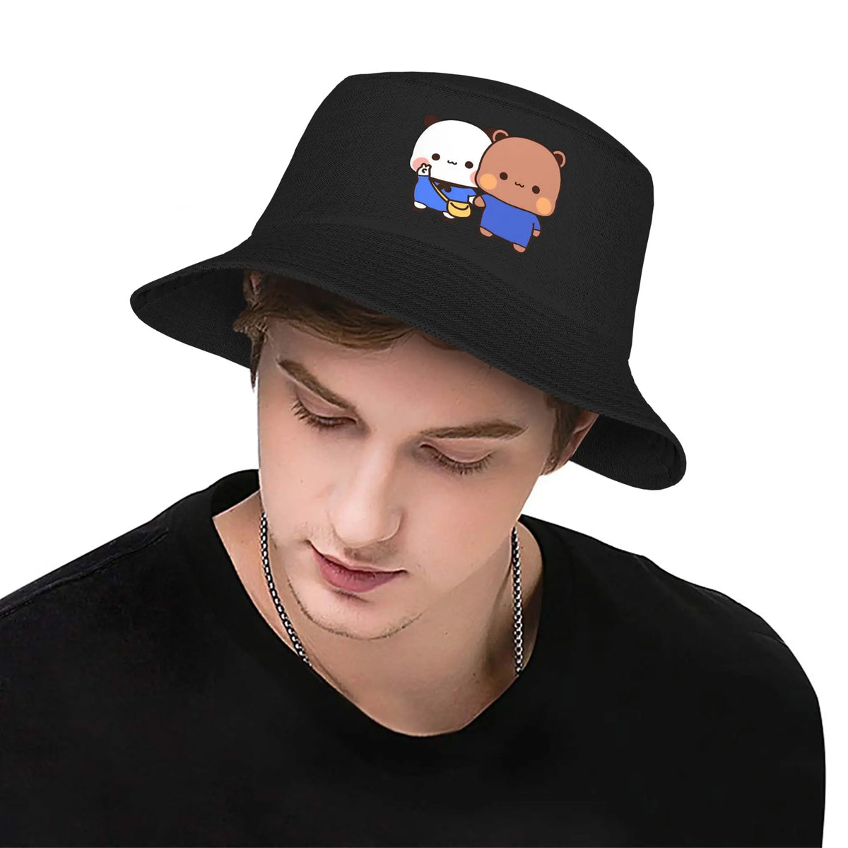 DuDu Bear And BuBu Panda Twining In Blue Bucket Hat