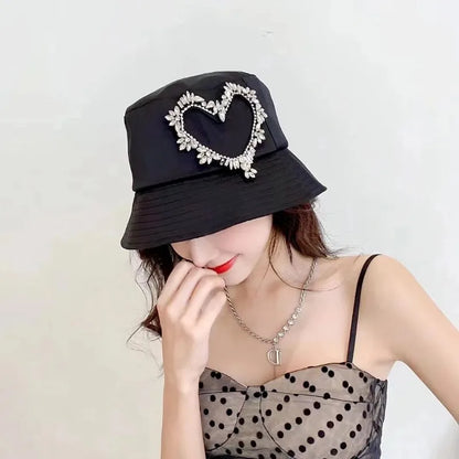 Super Shiny Bilibili Rhinestone Heart Bucket Hat