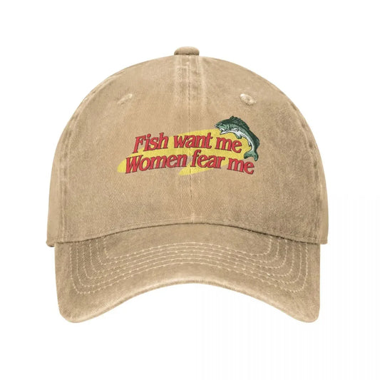 Fish Want Me Women Fear Me Baseball Cap Fashion Distressed Cotton Sun Cap