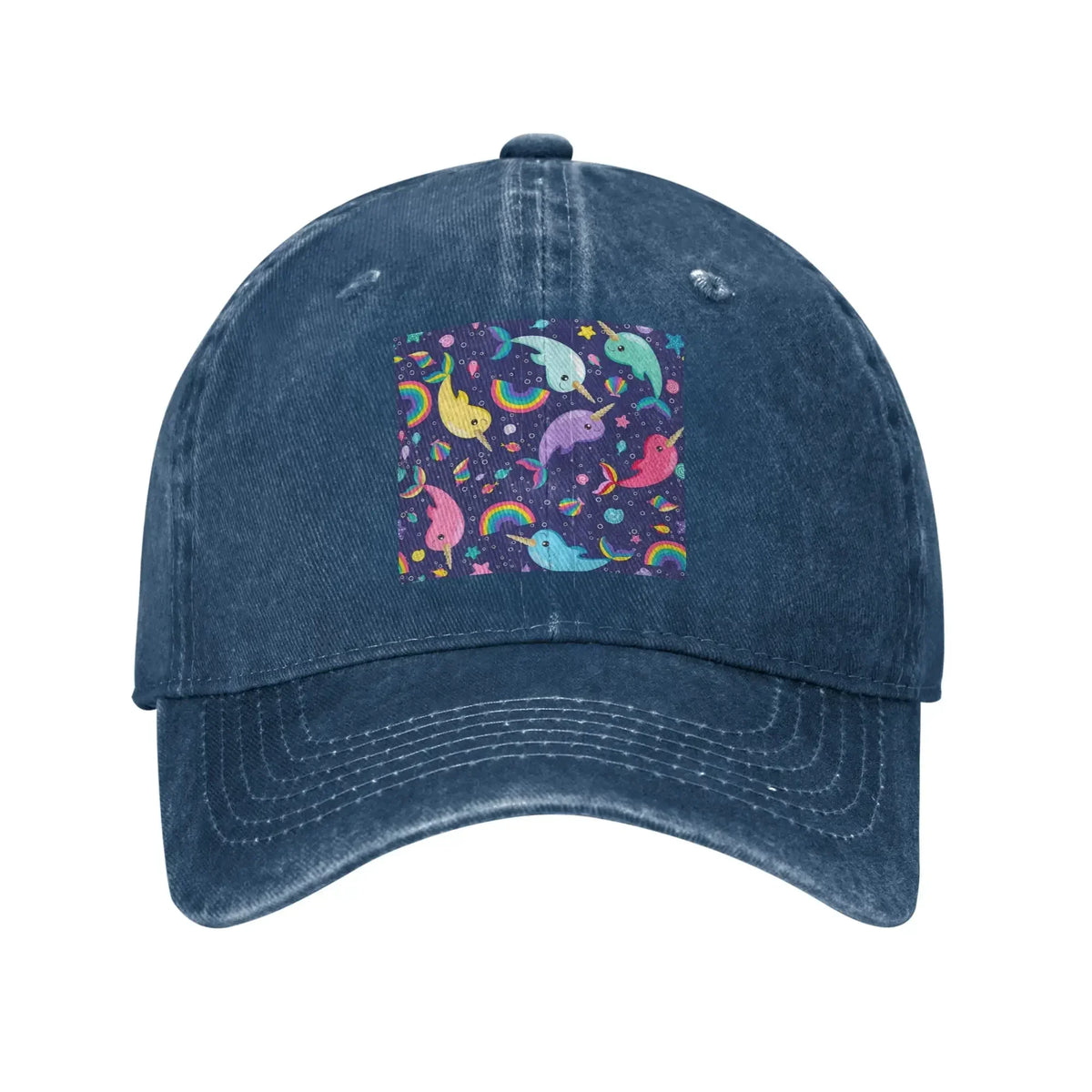 Rainbow Narwhals Under the Sea Blue Washed Denim Cap Casual Baseball Caps