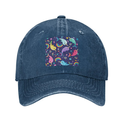 Rainbow Narwhals Under the Sea Blue Washed Denim Cap Casual Baseball Caps