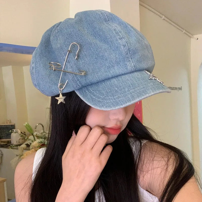 Spring and Summer Big Head Flash Diamond Star Pin Denim Beret Hat