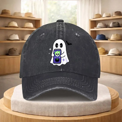 Ghost Holding Phone Print Washed Denim Baseball Cap
