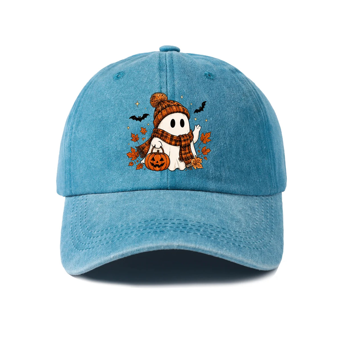 Scarf Ghost And Pumpkin Graphic Baseball Cap
