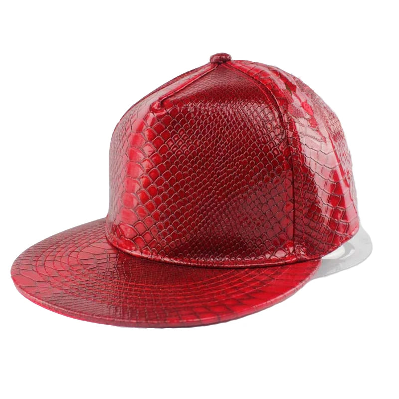 Solid Color Shiny Crocodile Leather Pattern PU  Flat Edge Snapback Cap