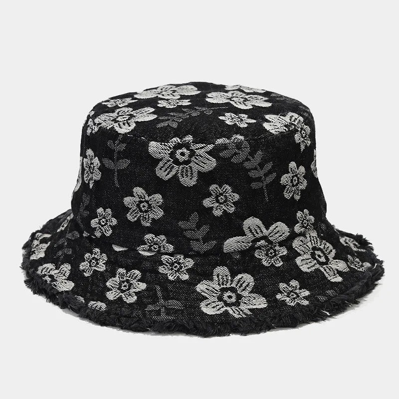 Spring Denim Cartoon Flower Embroidery Bucket Hat