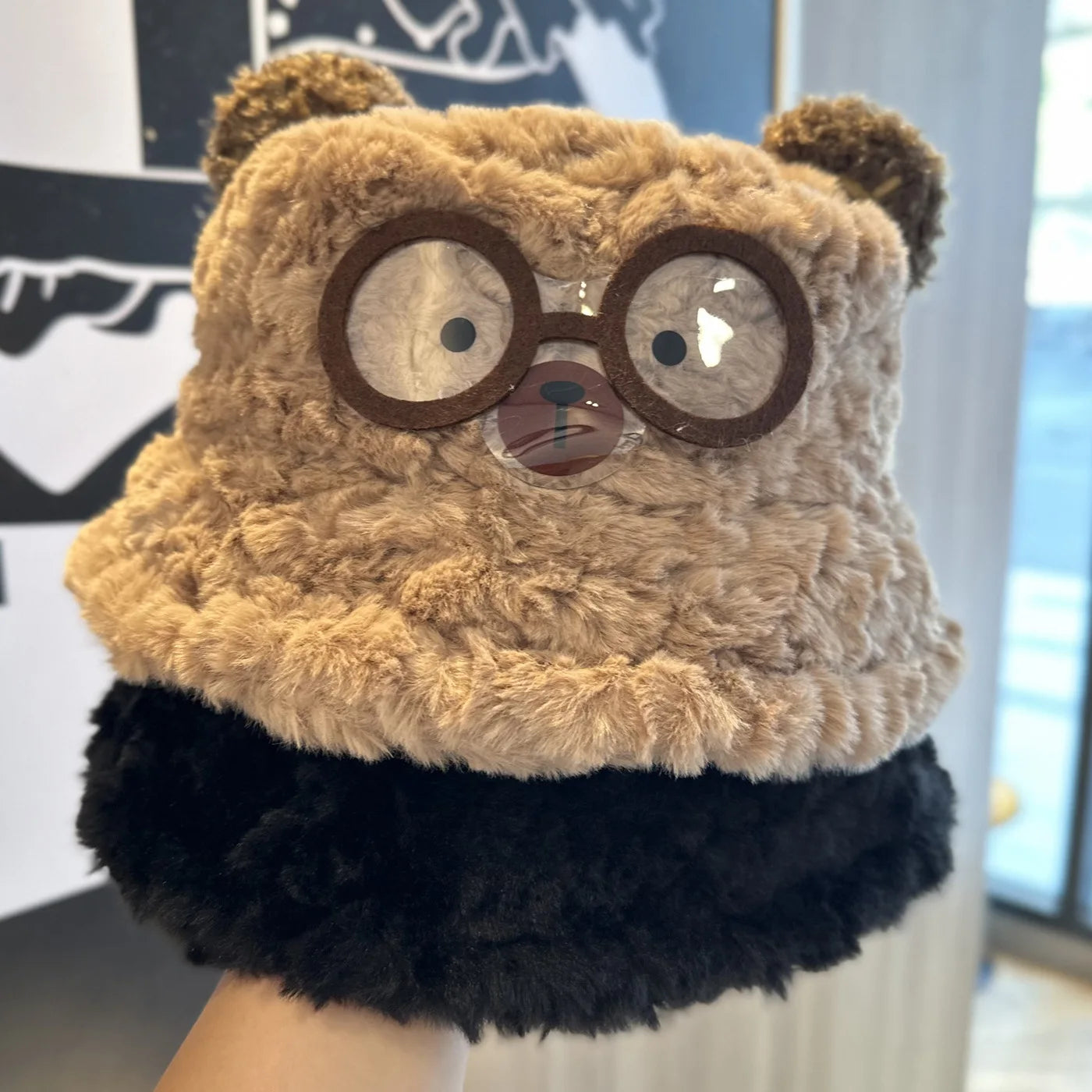 Cute Glasses Cartoon Plush Fisherman Hat Autumn Winter Warm Windproof Bucket Hats