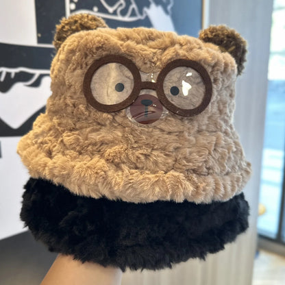 Cute Glasses Cartoon Plush Fisherman Hat Autumn Winter Warm Windproof Bucket Hats