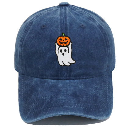 Vintage Washed Cute Ghost Holding Pumpkin Embroidery Baseball Cap