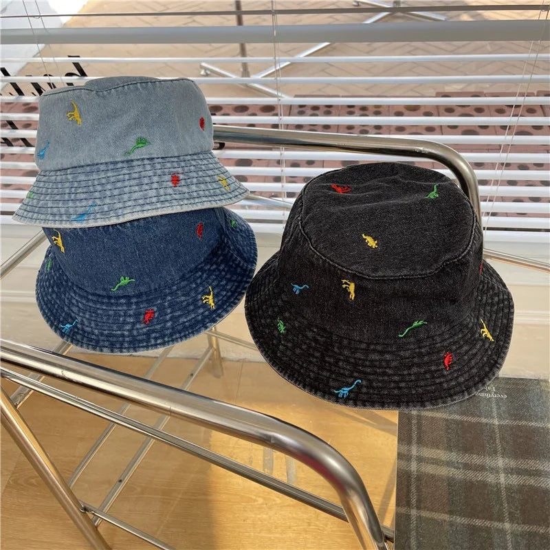 New Denim Summer Bucket Hat For Women Embroidery Cute Cartoon Dinosaur