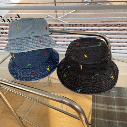 New Denim Summer Bucket Hat For Women Embroidery Cute Cartoon Dinosaur