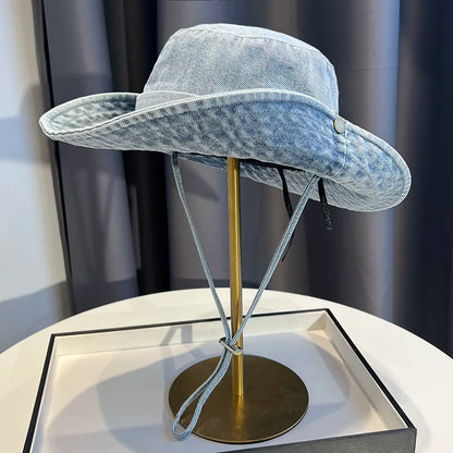 Vintage Washed Denim Bucket Hat Unisex Summer Sun Hat For Women Men