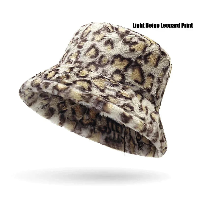 New Autumn and Winter Lady Thick Warm Skin-Friendly Soft Plush Bucket Hat Leopard Print Bucket Hat