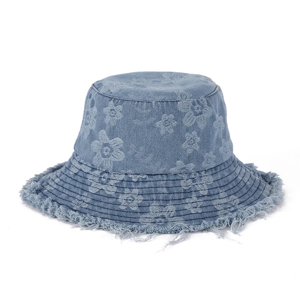 Sunscreen Denim Basin Hat Casual Wind Floral Burr Edge Versatile Bucket Hat