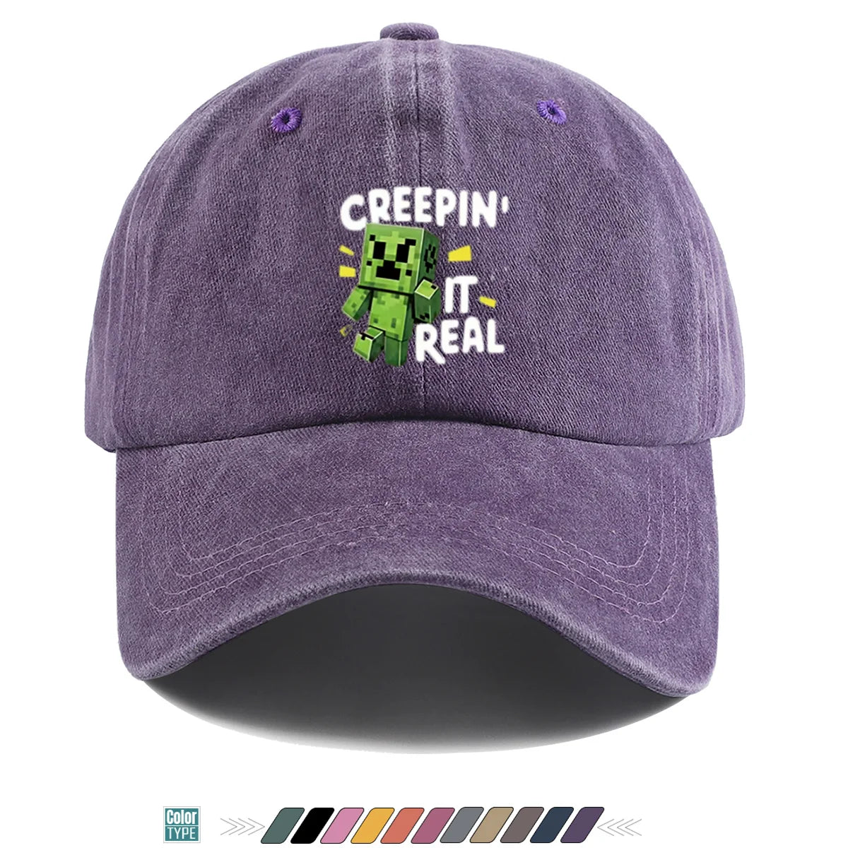 "Block-Based Game" Creeper Print Baseball Cap Fun English "CREEPIN' IT REAL