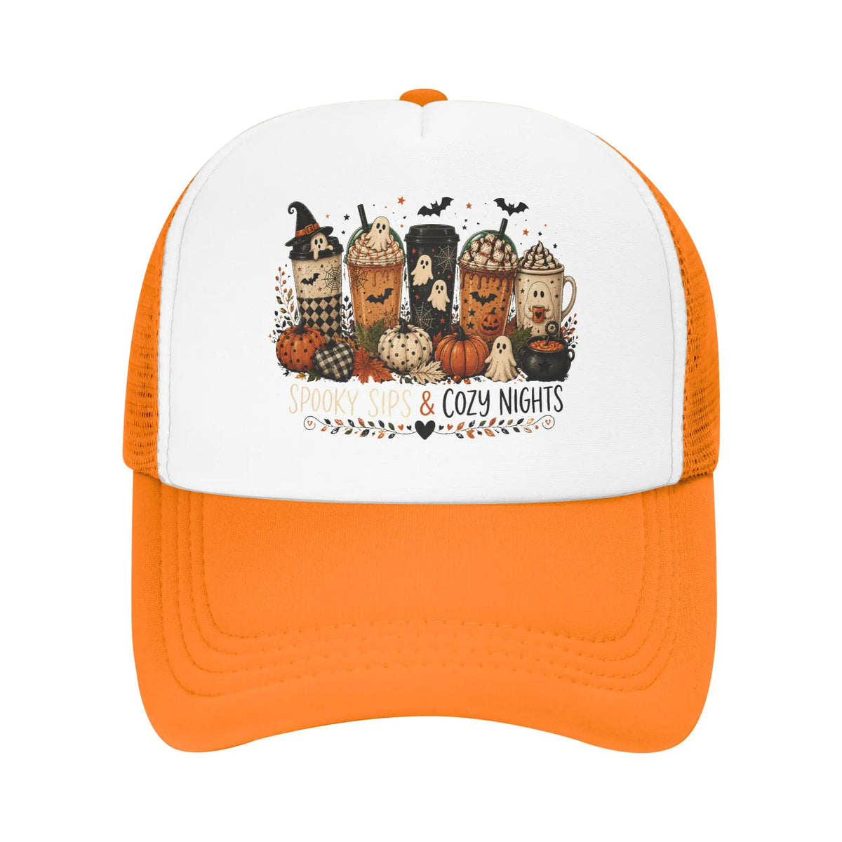 Unisex Coffee Ghost Spooky Fall Trucker Hats Mesh Baseball Cap