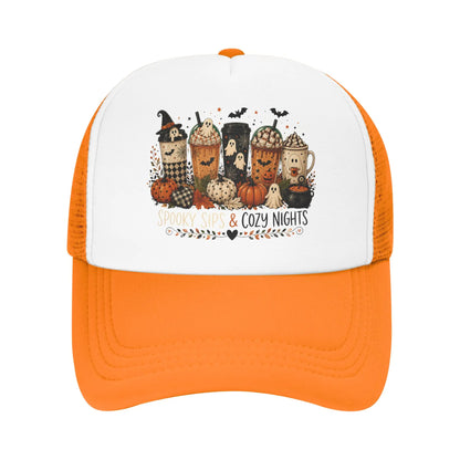 Unisex Coffee Ghost Spooky Fall Trucker Hats Mesh Baseball Cap