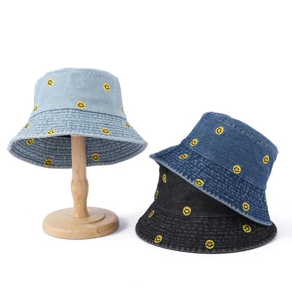 Spring Summer Strawberry Embroidery Denim Jeans Bucket Hat For Men Women