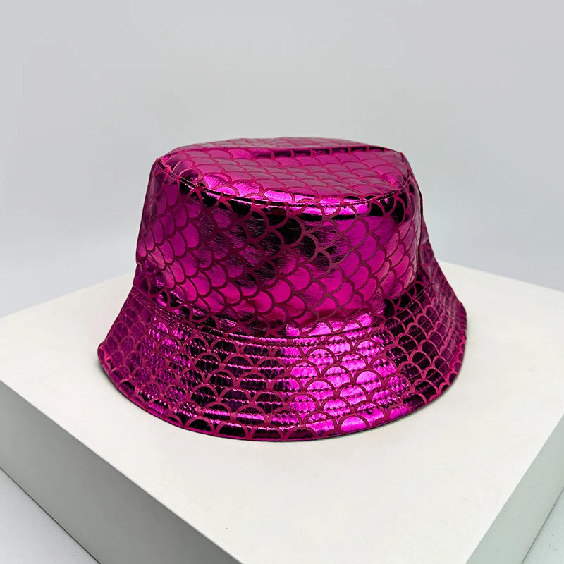 Shiny PU Leather Colorful Bucket Hats Sunshade New Unisex Fisherman Caps
