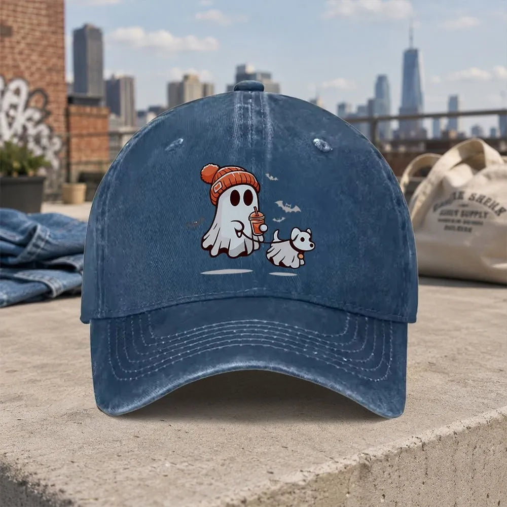 Retro Casual Halloween Ghost Dog Washed Baseball Cap