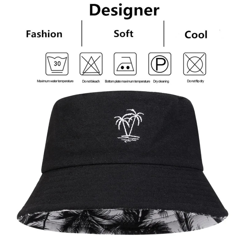 Unisex Coconut Tree Embroidery Double Sided Wearing Bucket Hats