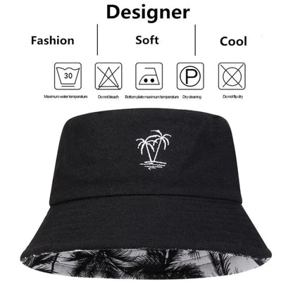 Unisex Coconut Tree Embroidery Double Sided Wearing Bucket Hats