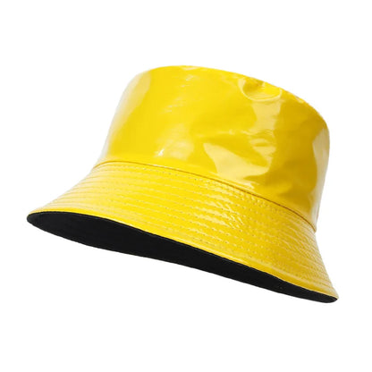 Fashion Shiny Hip-Hop Bucket Hat For Women Men PU Leather Waterproof Panama Cap