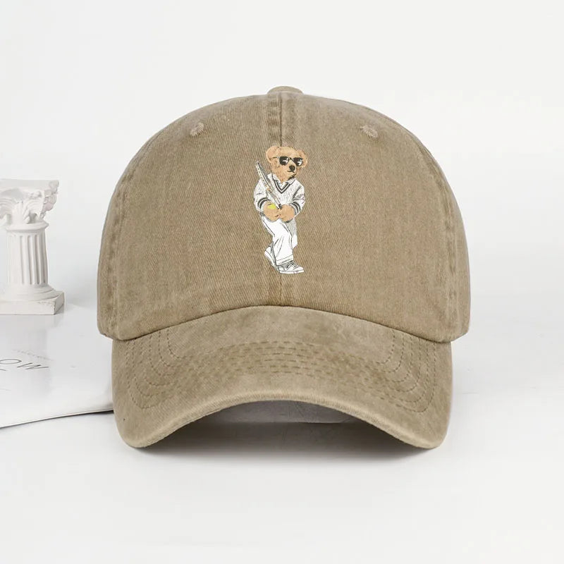 Classic Baseball Bear Print Washed Baseball Cap