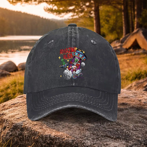 Casual Versatile Amazing Alien Space Print Washed Baseball Cap