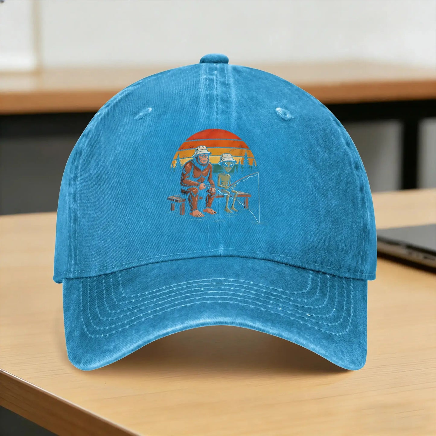 Washed Baseball Cap Alien Fishing Bigfoot And Pine Lake