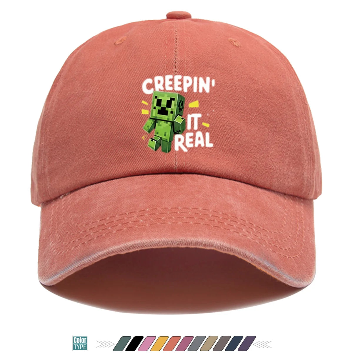 "Block-Based Game" Creeper Print Baseball Cap Fun English "CREEPIN' IT REAL