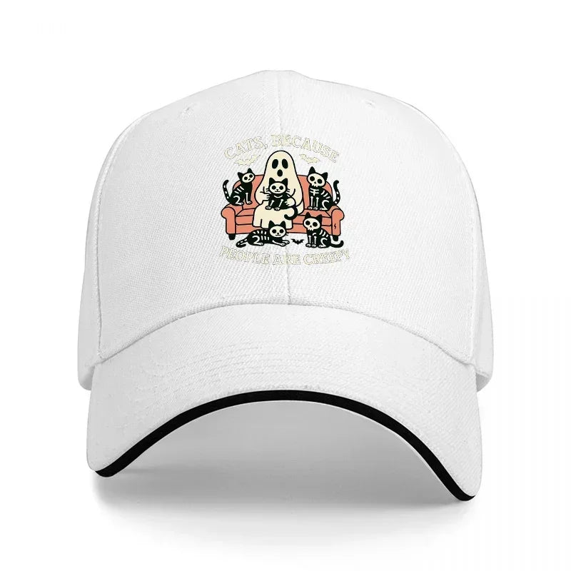 CATS BECAUSE PEOPLE ARE CREEPY BASEBALL CAP WITH GHOST AND SKULL