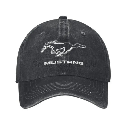 Skeleton Mustang Baseball Cap Vintage Washed Cotton Denim Dad Hat