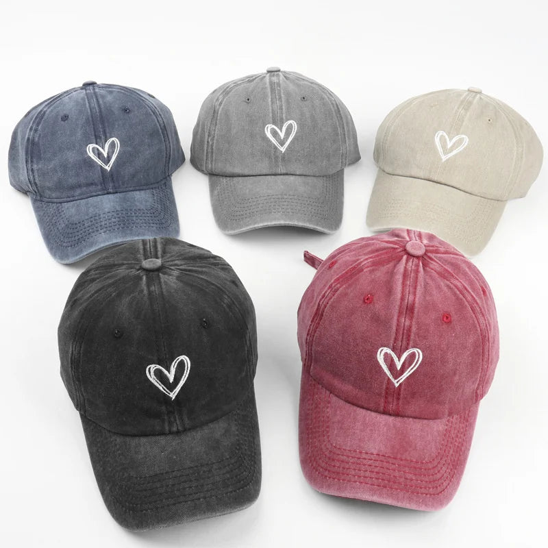 Baseball Cap Peach Heart Embroidered Wash Denim